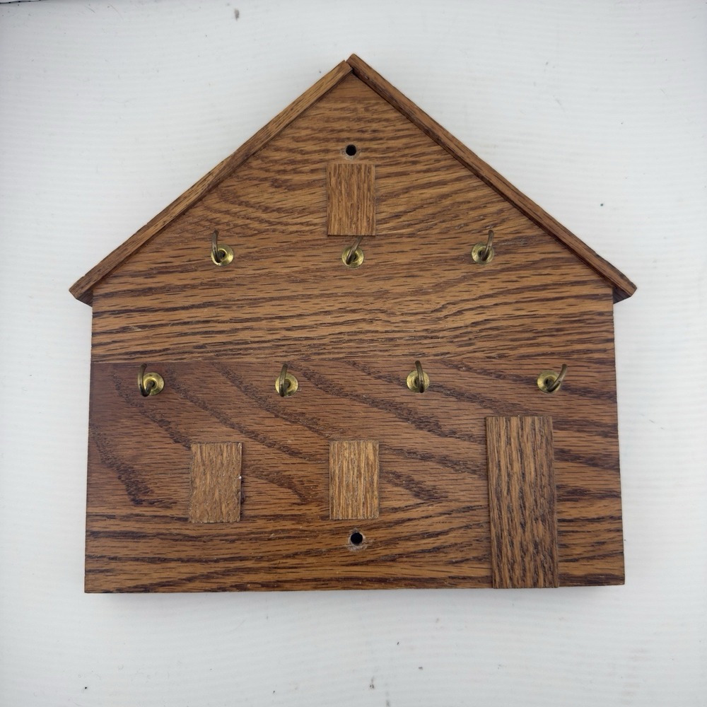 Vtg Wooden Key Holder 7 Brass Hooks Plaque House Shape Grannycore Rustic Cottage